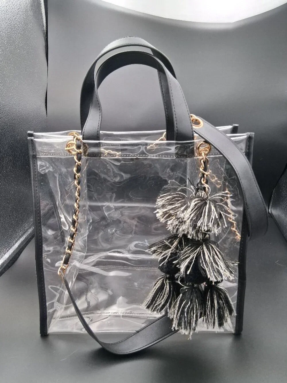 Sheer Gear clear stadium tote. Breeze through security! Detachable straps/tassel